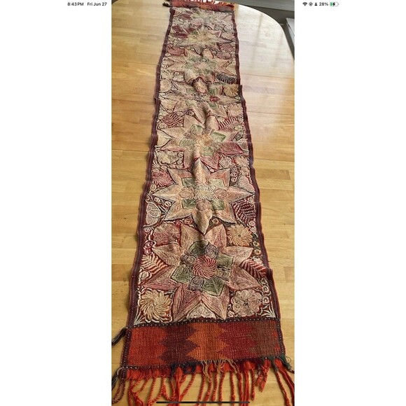Antique Table Runner 90”x15” Vibrant Colors Intricate Embroidery Floral and Star - Picture 2 of 12